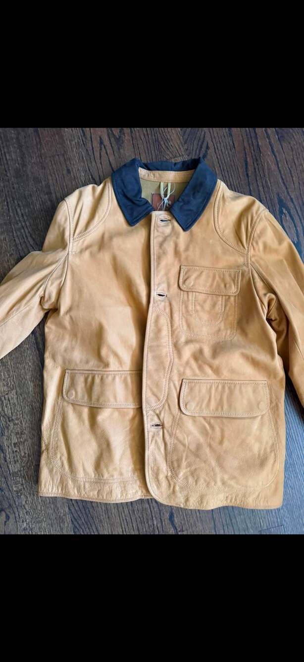 Timberland Tan Leather Field Coat with Corduroy Collar and Plaid Lining